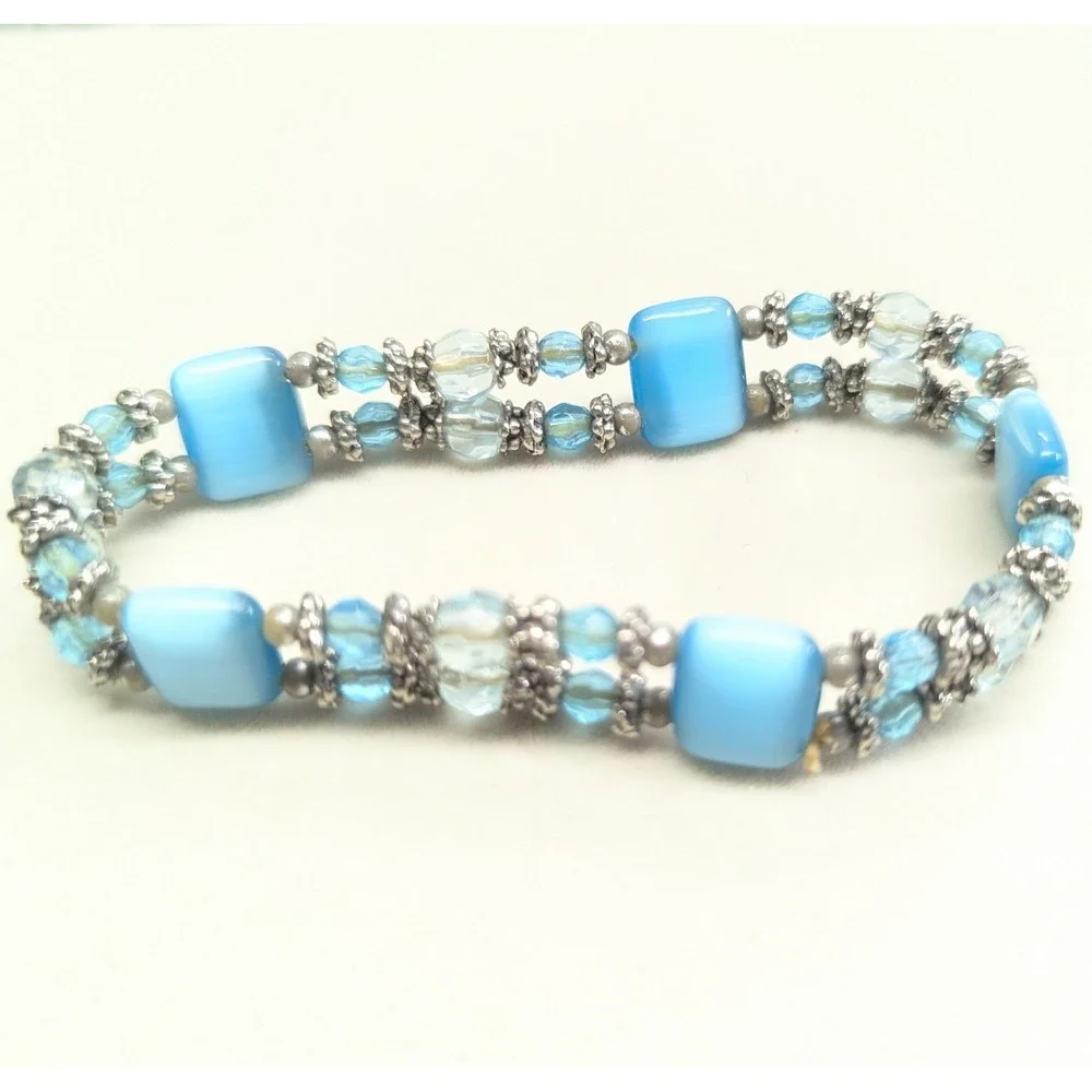 Vintage Beaded Stretch Bracelet Blue Cats Eye 2 Strand SilverTone Clear‎ Beads